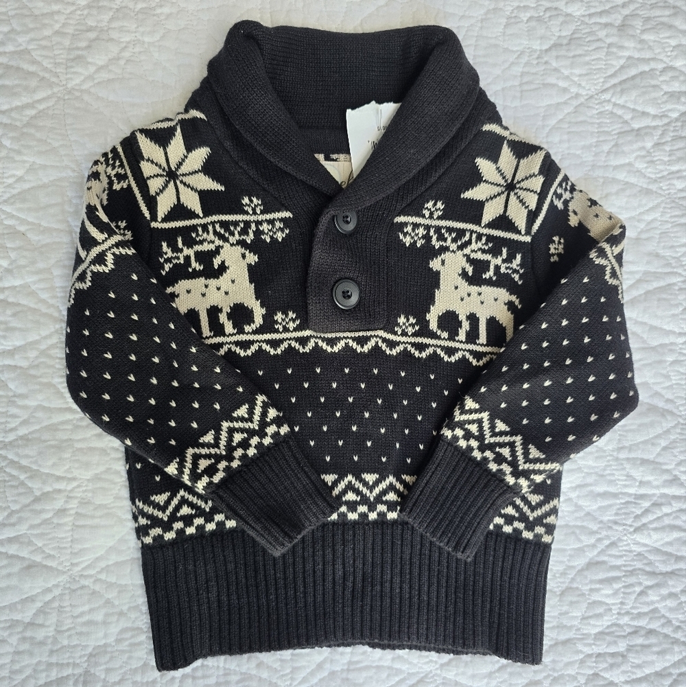 Little Peanut Peek Fair Isle Reindeer Cotton Shawl Collar Sweater Black 6-12